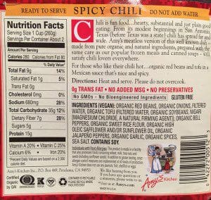 Amy's Orgainc Spicy Vegan Chili Ingredients