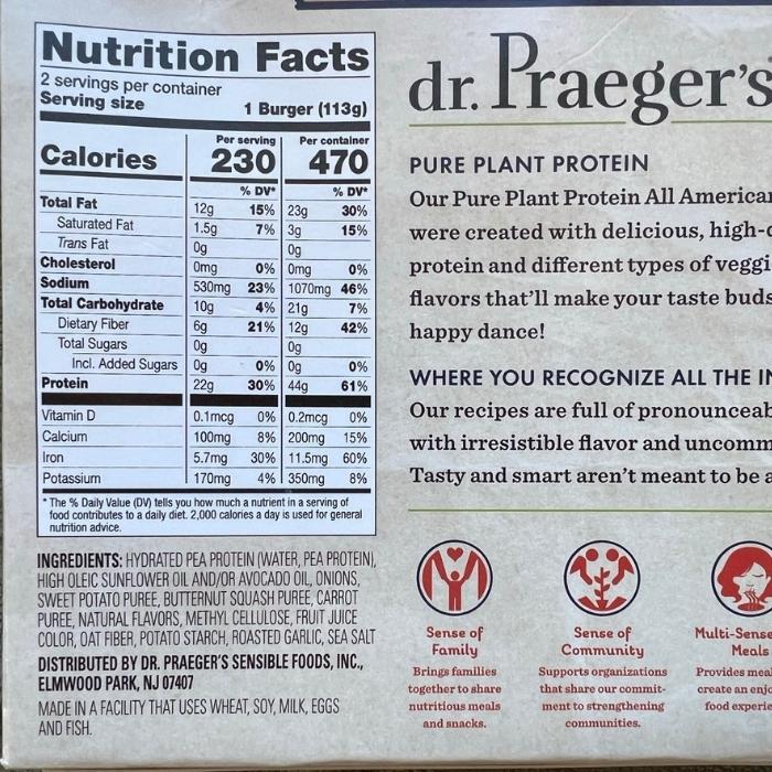 Dr. Praeger's All American Veggie Burger Ingredients