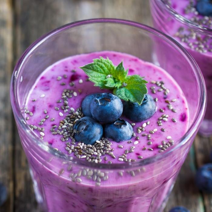 Blueberry smoothie sprinkled with chia seeds