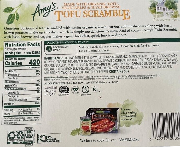 Amy's Tofu Scramble ingredients and nutrition info.