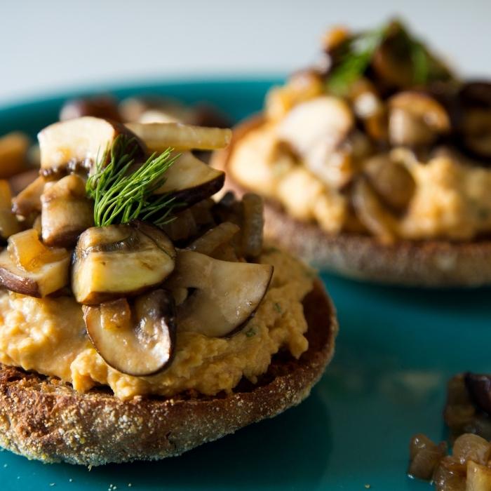 Mushrooms and hummus on toast.