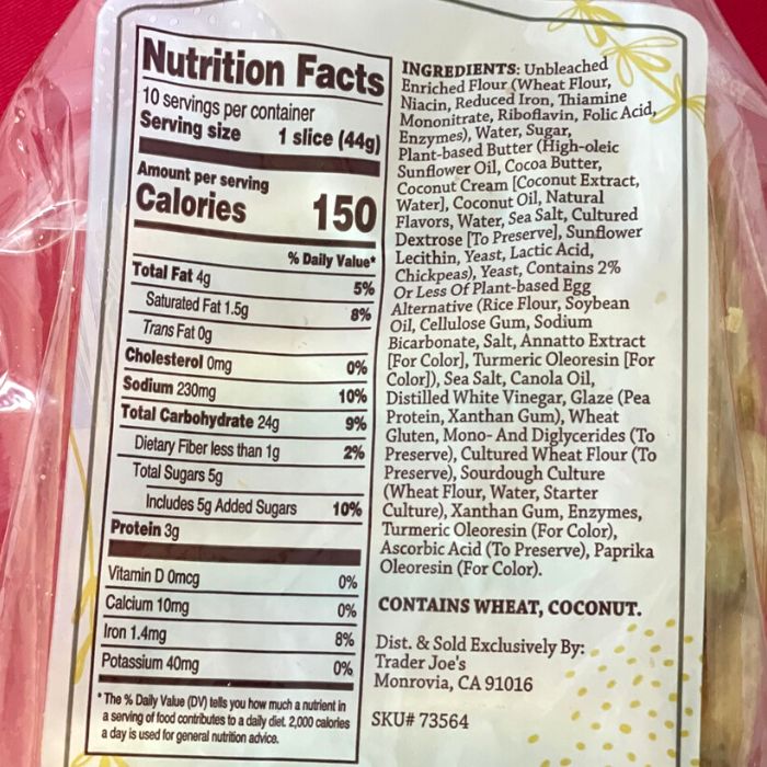Trader Joe's Vegan Brioche Loaf Ingredients & Nutrition Facts