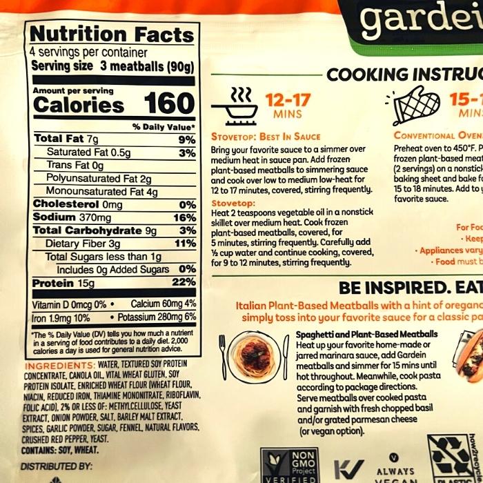 Gardein Plant-Based Meatballs back of package showing ingredients and nutrition facts.