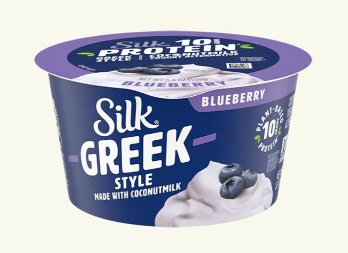 A container of Silk Blueberry Greek Style vegan yogurt.