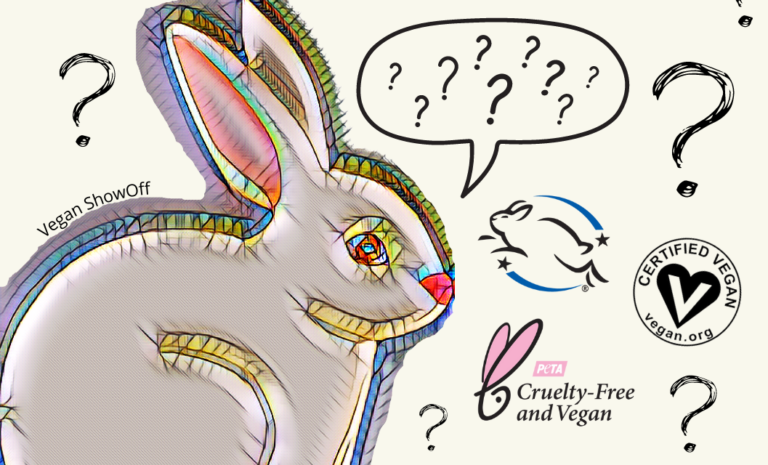 Bunny graphic art with various cruelty-free and vegan logos and question marks.