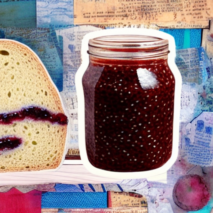 A collage feauring a jar of chia jam and slice of bread.