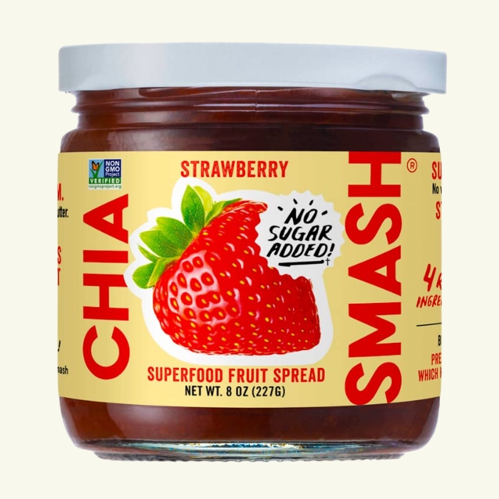A jar of Chia Smash Strawberry Superfood Fruit Spread