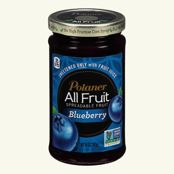 A jar of Blueberry Polaner All Fruit Spread.