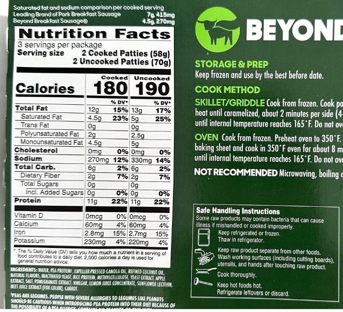 Beyond Breakfast Sausage Ingredients and Nutrition Facts