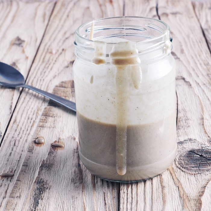 Jar of homemade tahini.