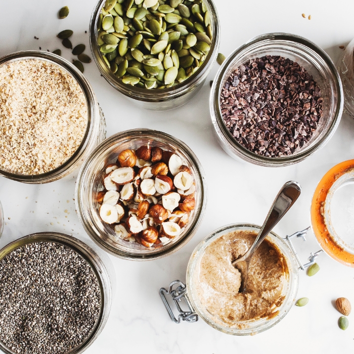 Chia seeds, pepitas, and other vegan pantry staples.