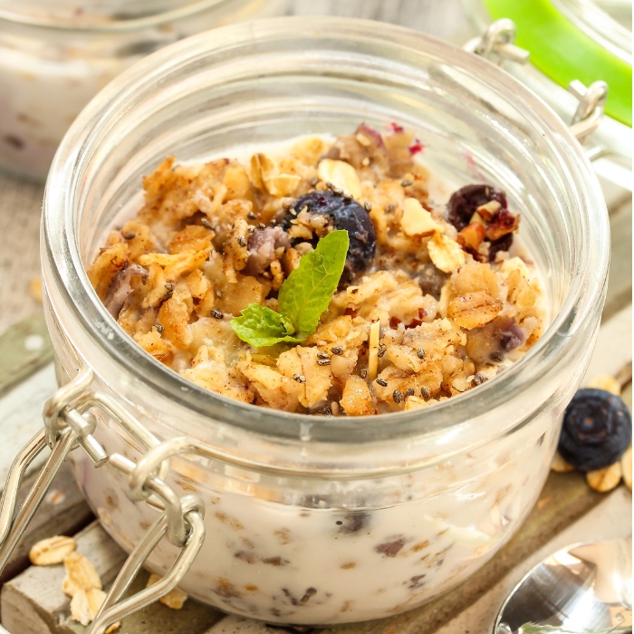 Jar of blueberry overnight oats.